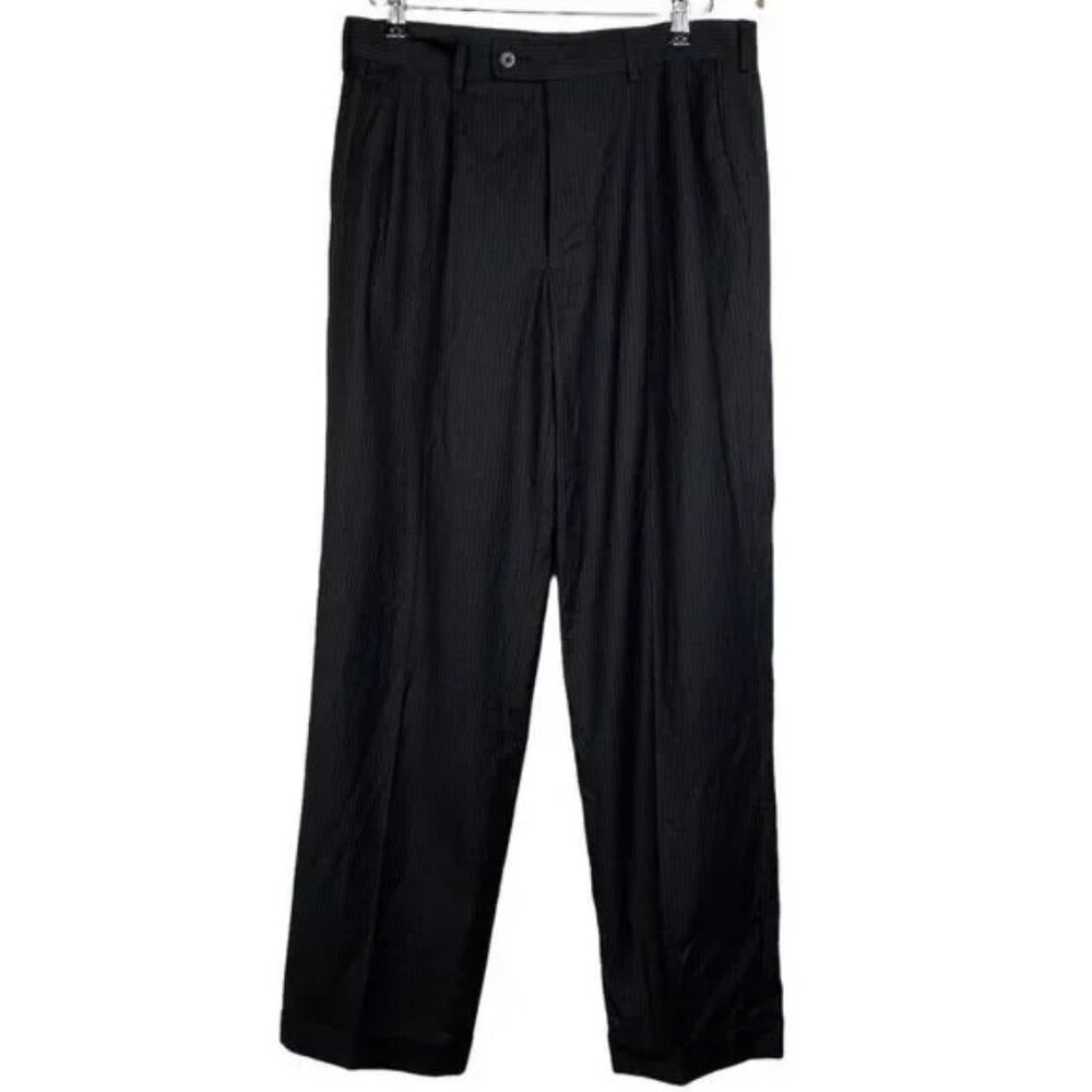 AXIST‎ MEN'S BLACK PINSTRIPE PLEATED FRONT CUFFED HEM DRESS PANTS 32X32-EUC